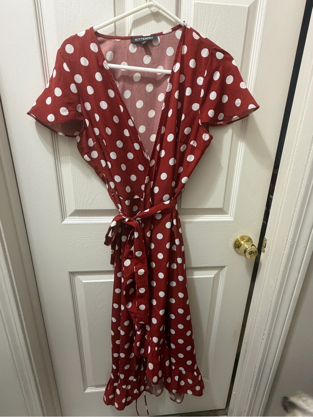 KITTENISH Burgundy and White Polka Dot Wrap Dress